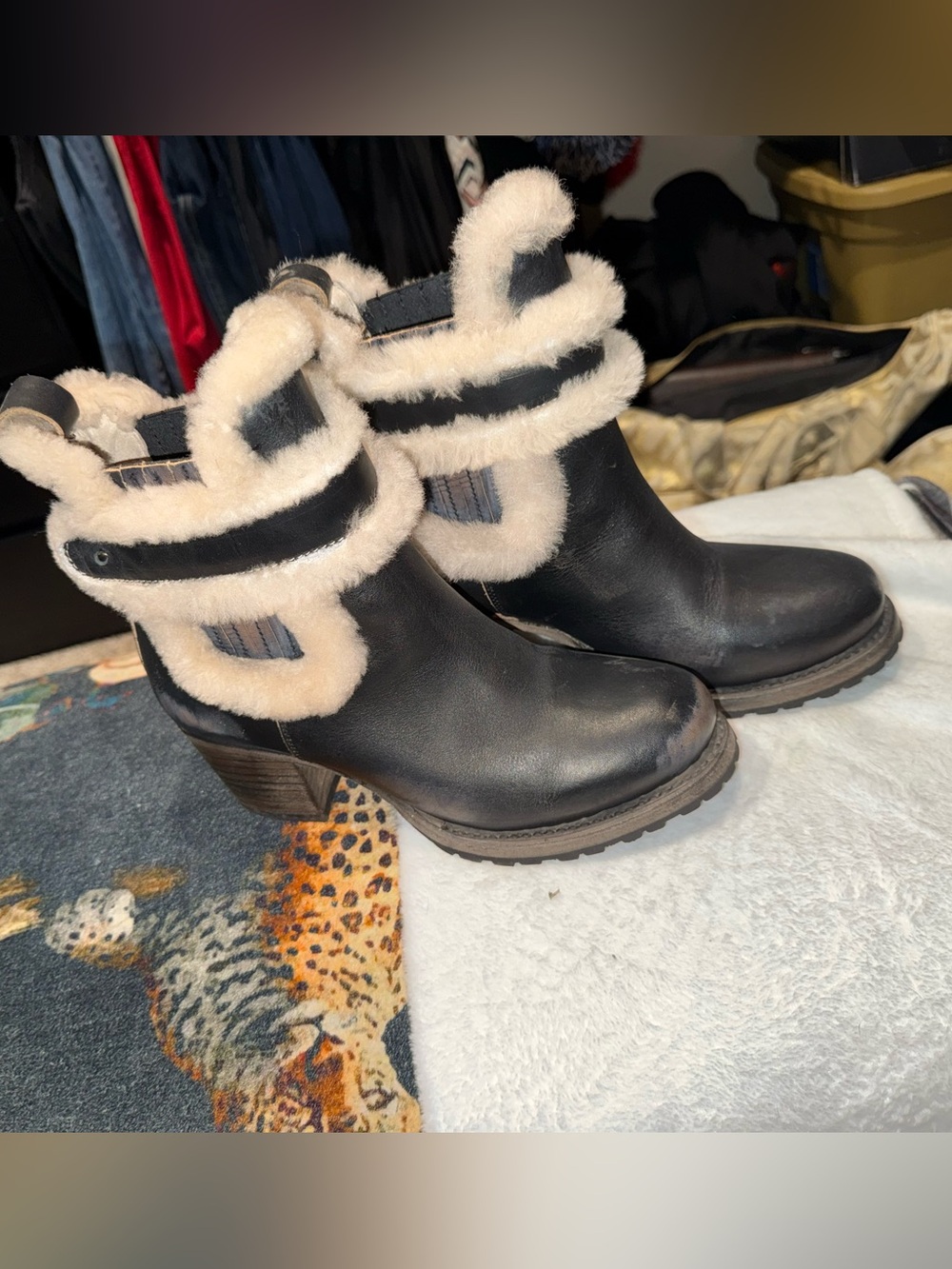 freebird Black Ankle Boots with Cream Shearling Cuff